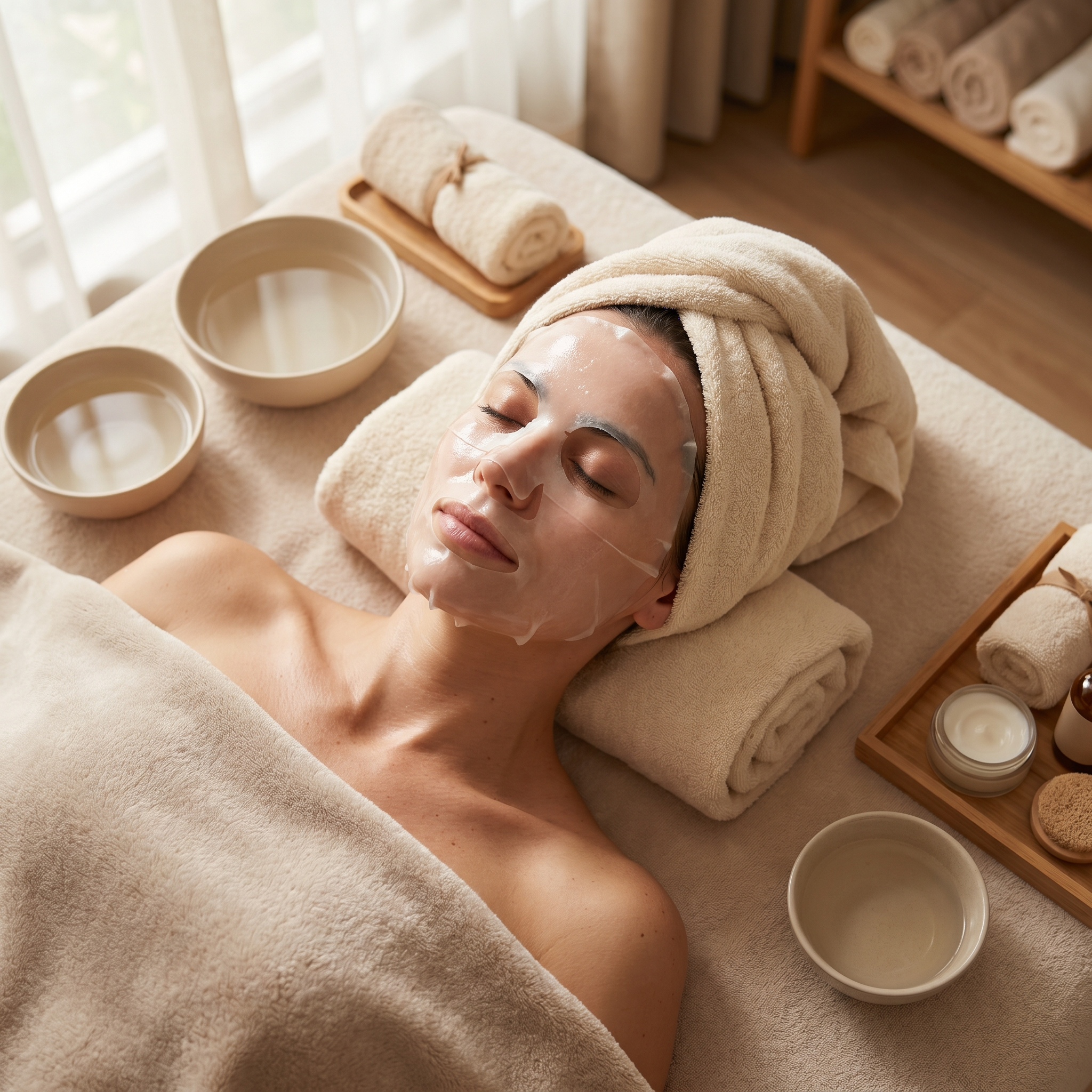 Overhead view of a facial treatment in progress