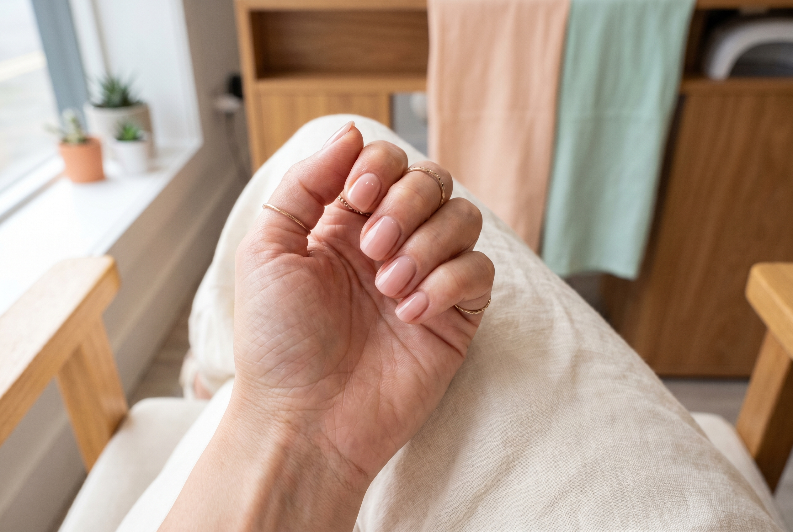 BIAB nails resting on cream linen