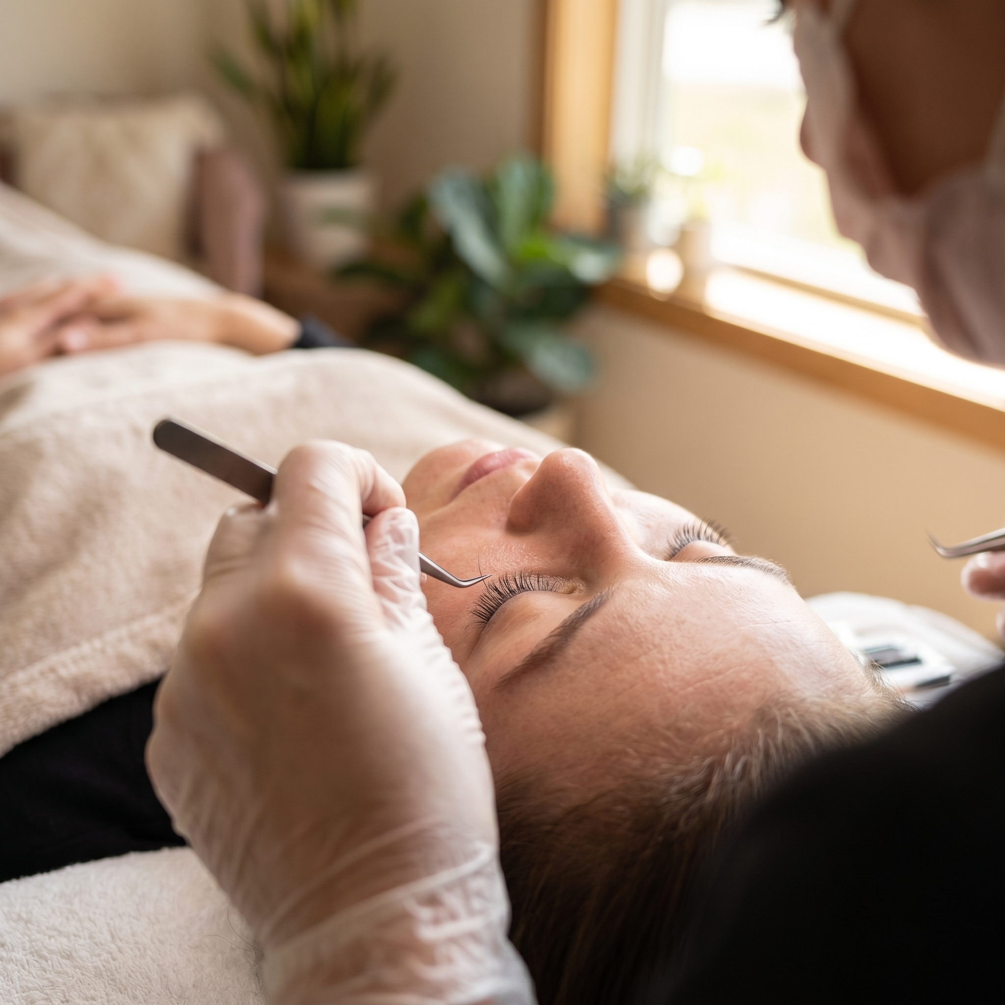 Beauty technician applying lash extensions to a relaxed client