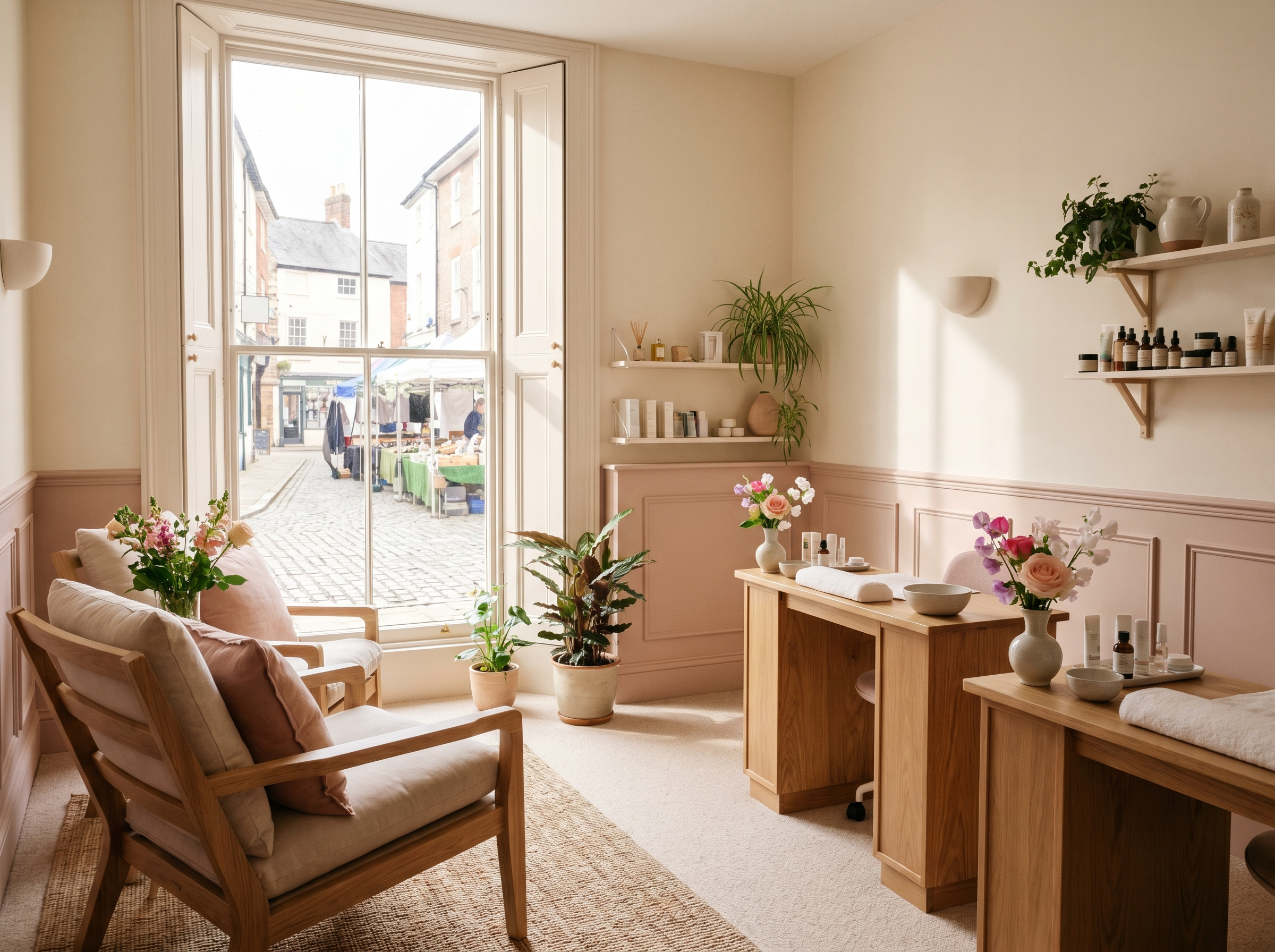 Inside Glam & Glow on Bank Street, Sevenoaks — soft daylight through the front window onto the salon floor