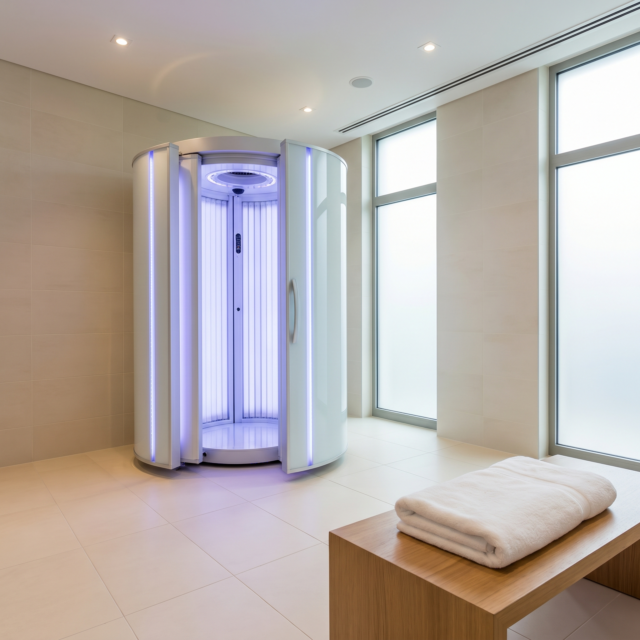 The Bluetooth sunbed bay in soft violet light